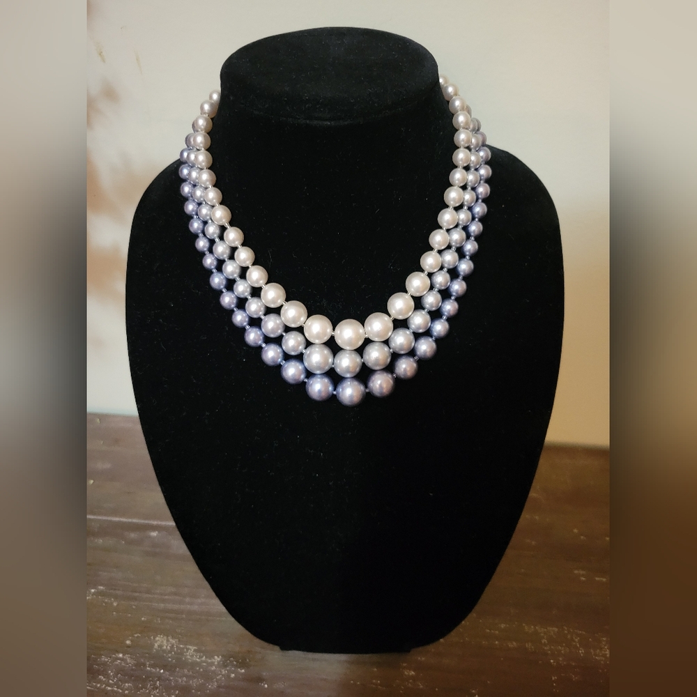 Vintage 3 Strand Faux Pearl Necklace Signed Japan Necklace
